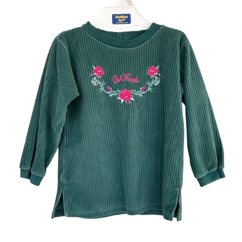VTG 90s Y2K OshKosh B'gosh 3T Green Corduroy Velour Embroidered Roses USA Made